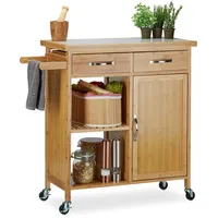 Relaxdays Küchenwagen Holz, Bambus, 4 Rollen, Arbeitsplatte aus Marmor,