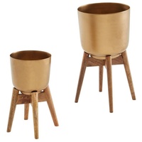 KADIMA DESIGN Alu-und-Holz Pflanzenkübel Set in Gold/Braun, modern &