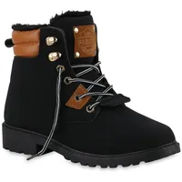 Stiefelparadies Damen Worker Boots in Schwarz Hellbraun,