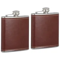 Relaxdays 2x Flachmann 200ml, Taschenflasche aus Edelstahl, mit Kunstleder