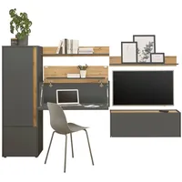 Furn.design Wohnwand mit Sekretär in grau und Eiche Wohnkombination