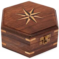 Nklaus 16x14x7cm Maritim Holzbox sechseckig mit aufwändigem Windrose Inlay