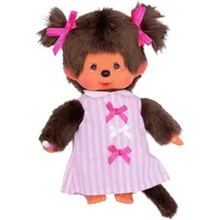 Sekiguchi 223589 Original Monchhichi Mädchen, mit pink-weiß gestreiftem Kleid