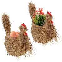 Relaxdays Huhn Blumentopf, 2er Set, Strohfigur zum Bepflanzen, handgefertigt,