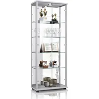 K-Möbel Glasvitrine Silber, Glas, 4 Fächer, Rechteckig, 67x176x33 cm,