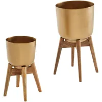 FineBuy Blumentopf FineBuy Pflanzenkübel 2er Set Metall Holz Gold