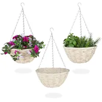 Relaxdays Blumenampel, 3er Set, Weide Korbgeflecht, handgefertigt, Folie, Eisenkette,