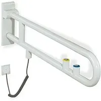 Hewi 801 E-Dreh-Stützklappgriff 801.50.51055 850 mm, aquablau, Spül-/Funktionstaste, gelber