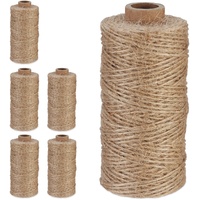 Relaxdays Juteschnur 1 mm, 6 Rollen Jutegarn je 100