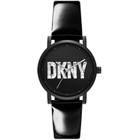 DKNY Damenuhren Soho, Dreizeigeruhrwerk, 34mm Schwarzes Aluminiumgehäuse mit Lederarmband,