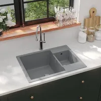 VidaXL Küchenspüle mit Überlauf Doppelbecken Grau Granit