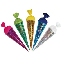 ROTH 5er Set Hologramm-Schultüten 12cm rund mit Kreppverschluss Deko