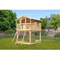 Karibu Spielhaus Benjamin mit Netzrampe Naturbelassen