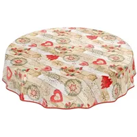 ANRO Tischdecke Weihnachtstischdecke abwaschbar Wachstischdecke Christmas Rot Beige Rund