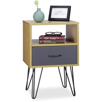 Relaxdays Retro Nachtschrank, mit Schublade, Holzoptik, Metallbeine, Vintage, Nachttisch,