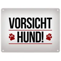 Trendaffe Vorsicht Hund! Metallschild mit Pfoten Motiv in rot