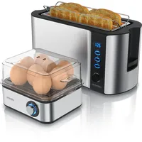 Arendo 2-teiliges Frühstücksset - 4-Scheiben Langschlitz Toaster, 8er Eierkocher,
