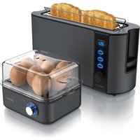Arendo Frühstücks-Set, Eierkocher EIGHTCOOK, 2-Scheiben Langschlitz Toaster, Grau