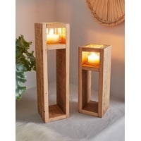 Dekoleidenschaft 2x Windlicht-Säule Wood aus Holz & Glas, 30