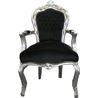Casa Padrino Barock Esszimmerstuhl Schwarz/Silber mit Armlehnen - Möbel