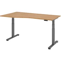 Hammerbacher VXDSM18 elektrisch höhenverstellbarer Schreibtisch nussbaum Trapezform, T-Fuß-Gestell grau