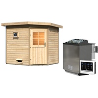 Karibu Gartensauna Pultdach Saunahaus Mikka mit Eckeinstieg-9 kW Bio-Kombiofen