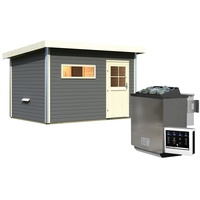 Karibu Saunahaus Skrollan 2 mit Vorraum terragrau-9 kW Bio-Kombiofen