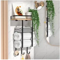 Yiomxhi Handtuchhalter mit Holzablage schwarz für Bad Gäste WC