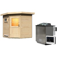 Karibu Gartensauna Pultdach Saunahaus Pekka mit Eckeinstieg-9 kW Bio-Kombiofen