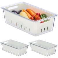 Relaxdays Kühlschrank, 3er Set, stapelbar, Abtropfkorb, Lebensmittel Organizer mit