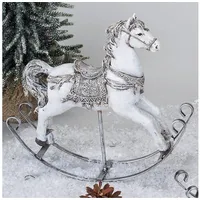 Formano Schaukelpferd Weihnachtsdeko 25cm Kunststein Figur Handbemalte Dekofigur Weiß-Silber