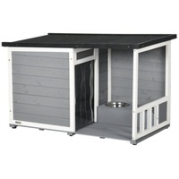 PawHut Hundehütte mit 2 Schüsseln, Terrasse, aus Holz, Hundehaus