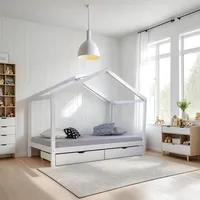 Homestyle4u 1922, Hausbett 90x200 Kinderhaus Holzbett Weiß Bettkasten -