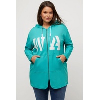 Ulla Popken Sweatjacke Long-Sweatjacke Schriftmotiv Kapuze Knotenband blau 46/48