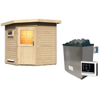Karibu Gartensauna Pultdach Saunahaus Pekka mit Eckeinstieg-9 kW Ofen