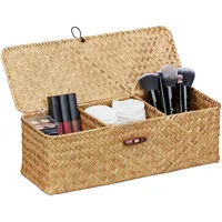 Relaxdays Aufbewahrungsbox mit Deckel, Seegras Korb mit 3 Fächern,