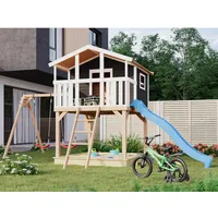 Karibu Stelzenhaus Benjamin Terragrau mit Doppelschaukel Rutsche Blau