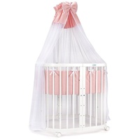 Waldin Babybett aus Holz 7in1 mit Matratze, mitwachsend,Stoffe lachs,Holz