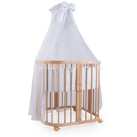 Waldin Babybett aus Holz 7in1 mit Matratze, mitwachsend,Stoffe weiss,Holz
