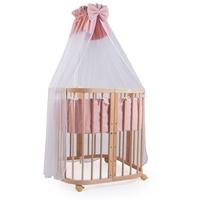 Waldin Babybett aus Holz 7in1 mit Matratze, mitwachsend,Stoffe lachs,Holz
