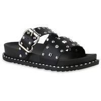 VAN HILL Damen Pantoletten Flach Nieten Trendy Schuhe Schwarz,