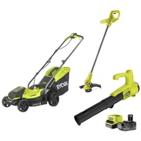RYOBI Set Akku Rasenmäher Rasentrimmer Laubbläser mit Akku &