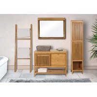 Mendler Teak-Badezimmer-Set HWC-M70, Waschtisch Hochschrank Wandspiegel Handtuchhalter Waschbecken, hochwertiges