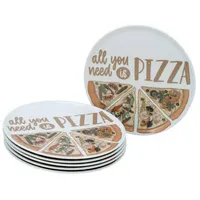 CreaTable Pizzatellerset, Weiß, Keramik, 6-teilig, Graphik, rund, lebensmittelecht, Essen