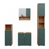 Vicco Badmöbel-Set Irma Goldkraft Eiche/Grün 4 Teile mit Hochschrank