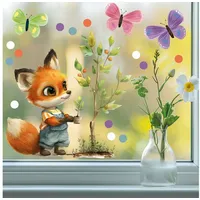 Sunnywall Fensterbild Fensterdeko Fuchs Gärtner Baum Schmetterling Fensteraufkleber statisch