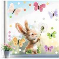 Sunnywall Fensterbild Fensterdeko Hase Pusteblume Schmetterlinge Fensteraufkleber statisch selbstklebend