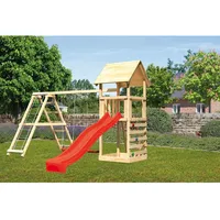 Karibu Spielturm Lotti mit Doppelschaukel Klettergerüst Kletterwand Rutsche Rot