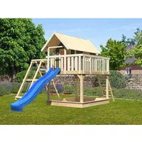 Karibu Stelzenhaus Fidel Grau Schaukel Klettergerüst Netzrampe Rutsche Blau