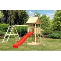 Karibu Spielturm Lotti mit Doppelschaukel, Netzrampe, Klettergerüst&Rutsche Rot